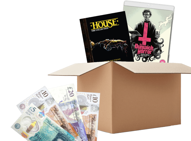 Cardboard box with UK banknotes and Arrow Video titles House and The Dunwich Horror, get cash for your DVDs
