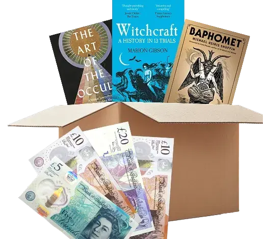 Books on witchcraft and the occult above a box with UK banknotes, for selling to WeBuyBooks.co.uk