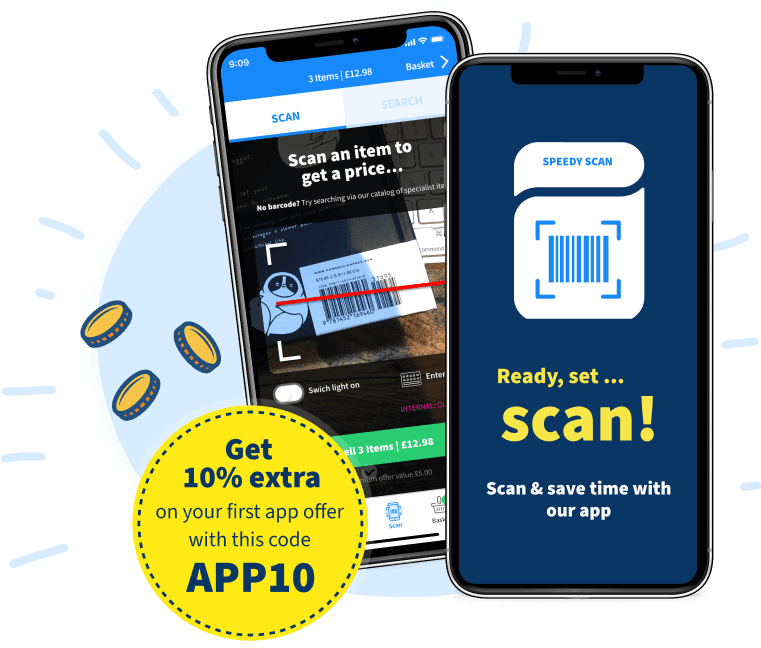 WeBuyBooks app scan screen and 'Ready, set, scan!' promo, with code APP10 for 10% extra on your first offer
