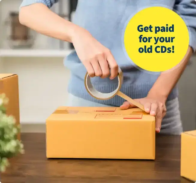 Person taping a parcel box, with text: Get paid for your old CDs, for sending items to WeBuyBooks