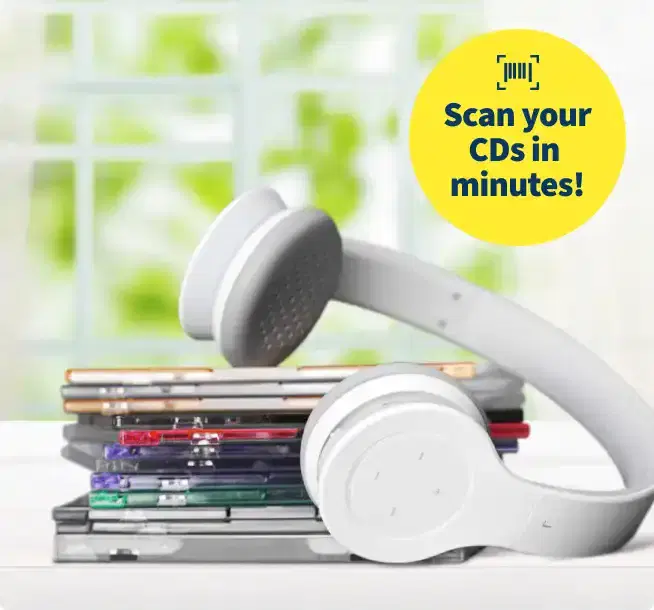 White headphones resting on stacked CD cases, with badge reading 'Scan your CDs in minutes!
