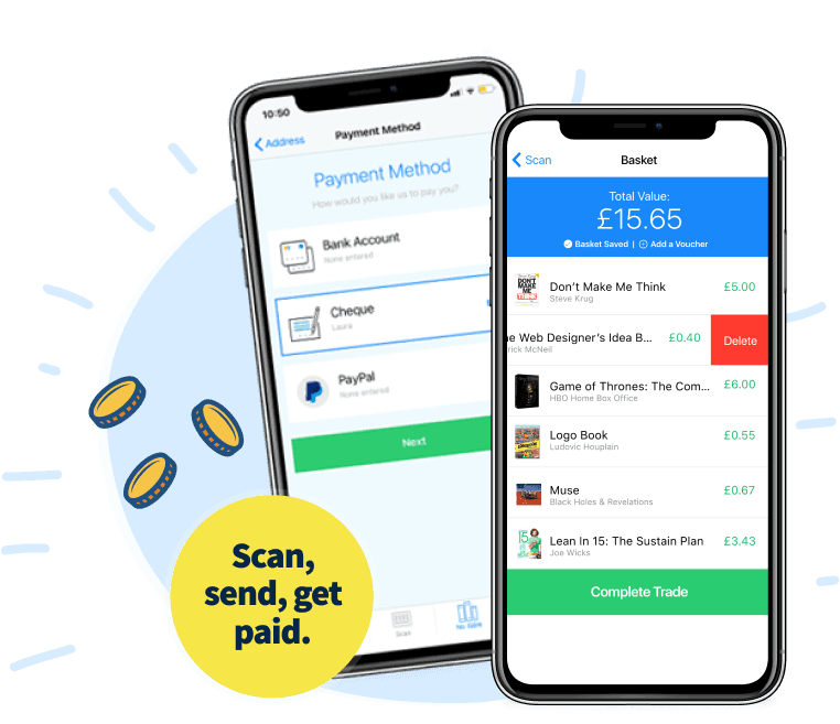 WeBuyBooks app screens showing payment method and basket totalling £15.65, with tagline 'Scan, send, get paid