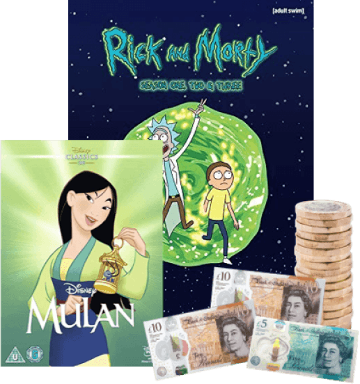 Rick and Morty and Mulan DVD cases beside stacked coins and UK banknotes, cash for used DVDs