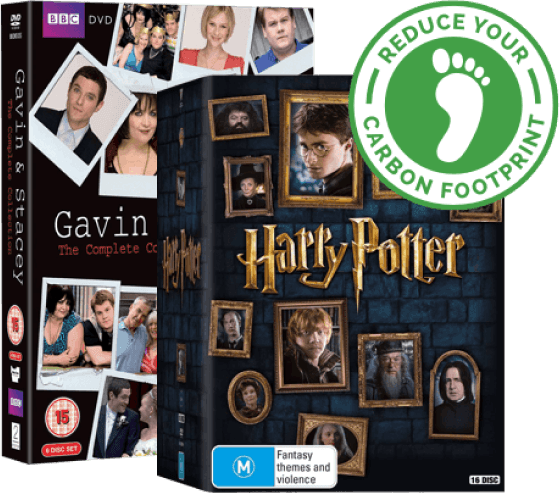 Gavin and Stacey and Harry Potter DVD sets, with a green Reduce Your Carbon Footprint badge
