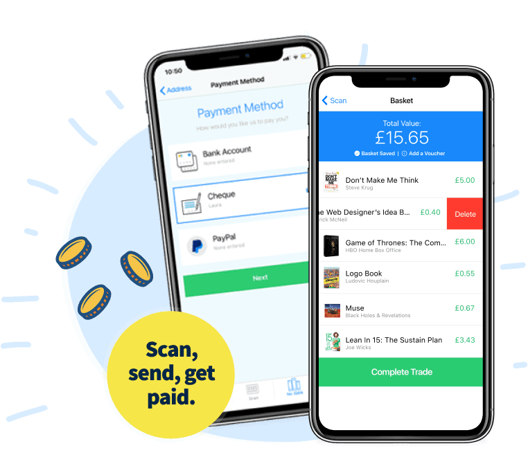 WeBuyBooks app showing payment method and basket with total 15.65 pounds, tagline 'Scan, send, get paid