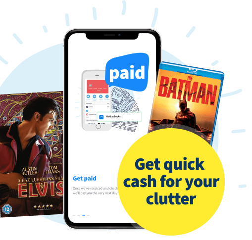 WeBuyBooks app showing payment screen, with Elvis DVD and The Batman Blu-ray, and text: get quick cash for your clutter