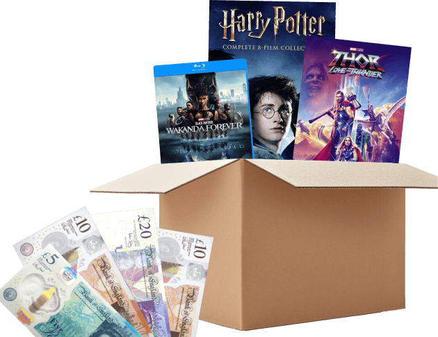 Box of DVDs including Harry Potter, Thor and Wakanda Forever, with UK banknotes for selling DVDs to WeBuyBooks