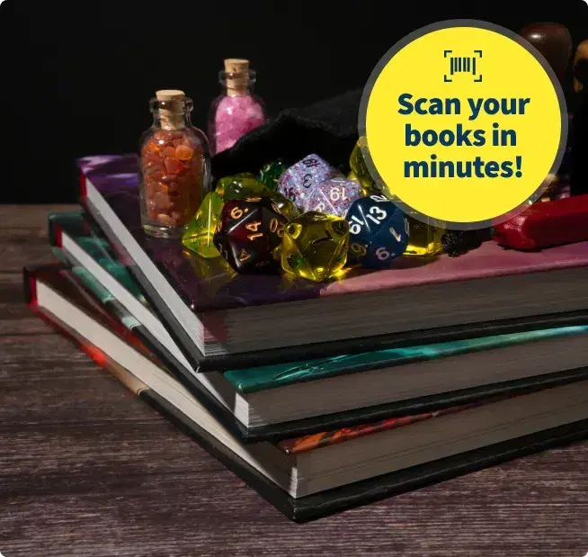 Stack of D and D books with dice and potion bottles; badge reads 'Scan your books in minutes!