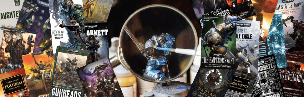 A Warhammer miniature being painted through a magnifying glass surrounded by Warhammer 40K books.png