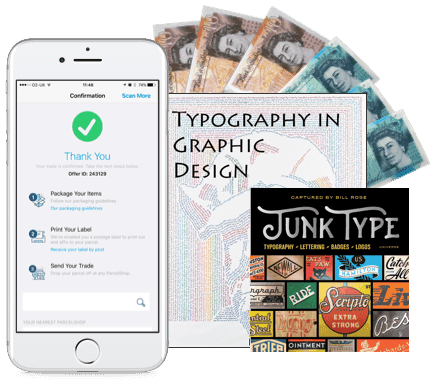 Phone showing trade confirmation, cash, and typography books including Junk Type, for selling via the WeBuyBooks app