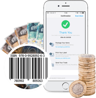 Textbook ISBN barcode, cash and pound coins, and phone showing trade confirmation and payment steps