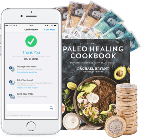 Phone showing order confirmation, UK banknotes and coins, and The Paleo Healing Cookbook by Rachael Bryant