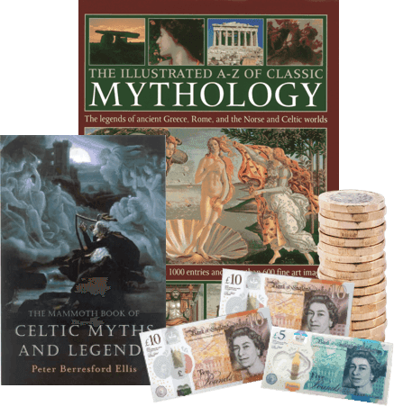 Mythology books including Classic Mythology and Celtic Myths and Legends, with UK cash and coins for selling