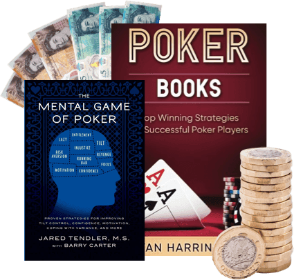 Poker books, playing cards, poker chips, British banknotes and pound coins, illustrating poker book value