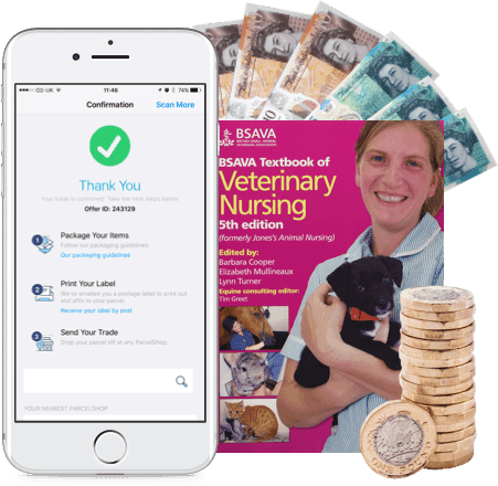 Phone showing WeBuyBooks trade confirmation, with cash, coins and a BSAVA veterinary nursing textbook