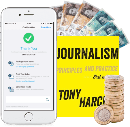 Phone showing trade confirmation, cash and coins, and Journalism: Principles and Practice by Tony Harcup