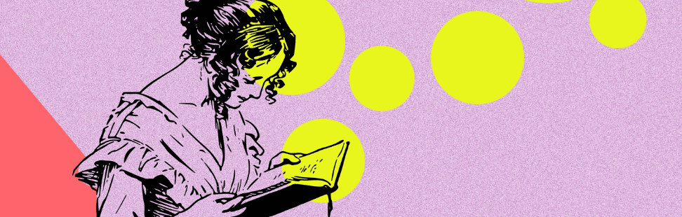 Art deco style colourful image with digital drawing of Jane Austen Character reading a book.png