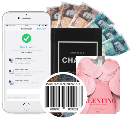 Phone showing order confirmation, cash, ISBN barcode, and fashion books including Valentino, ready to sell for cash