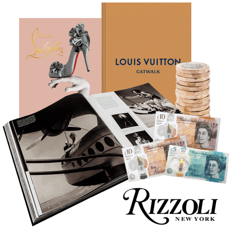 Fashion books by Rizzoli New York, including Louis Vuitton Catwalk, beside UK coins and banknotes