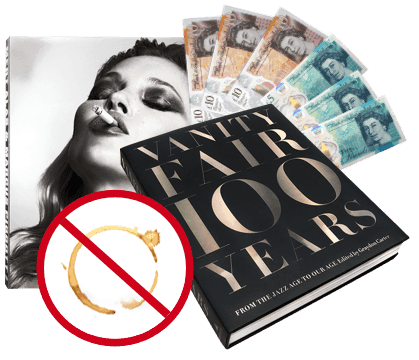 Vanity Fair 100 Years book and UK cash with a no-spillages symbol, illustrating fashion books we buy