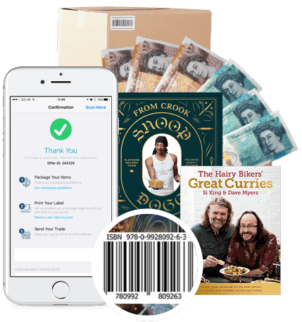 App confirming a book trade, cash, cookbooks by Snoop Dogg and Hairy Bikers, and a barcode, showing selling cookbooks via