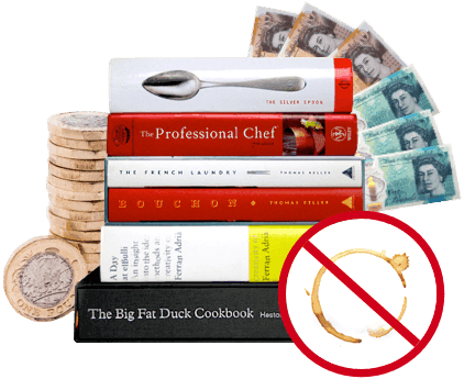 Stack of cookbooks with UK banknotes and coins, plus a crossed-out tea stain showing damaged books cannot be accepted