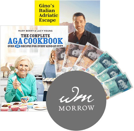 Cookbooks by Mary Berry and Gino D'Acampo with UK banknotes and the WM Morrow publisher logo