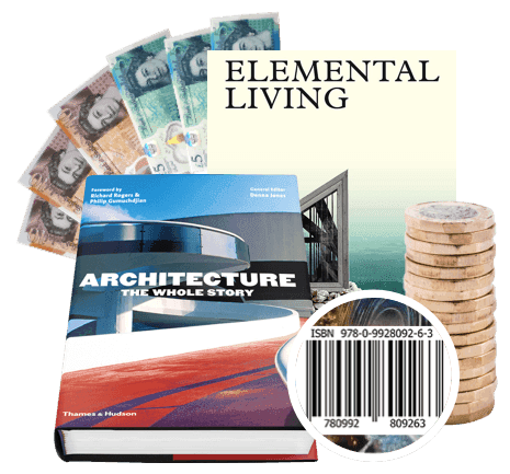 Architecture book with ISBN barcode, banknotes and coins, plus an Elemental Living book, showing cash paid for books