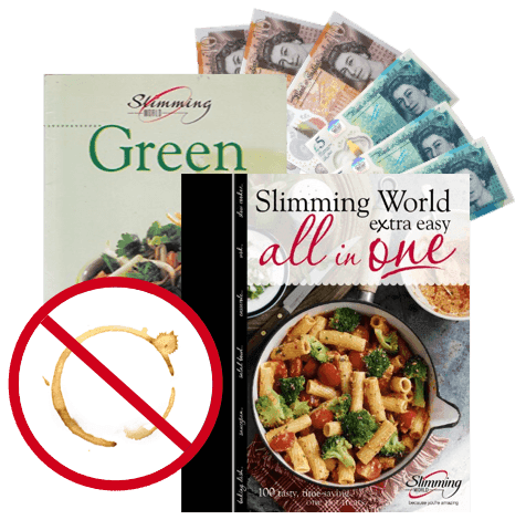 Slimming World Green and Extra Easy All in One books with UK banknotes; stained copies not accepted