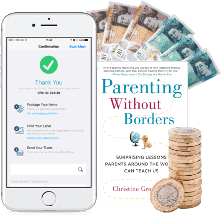 Phone confirming a book trade, cash and coins beside the book Parenting Without Borders, sold to WeBuyBooks