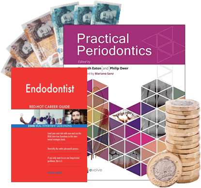 Dentistry books 'Practical Periodontics' and 'Endodontist' guide with £5 notes and £1 coins for cash