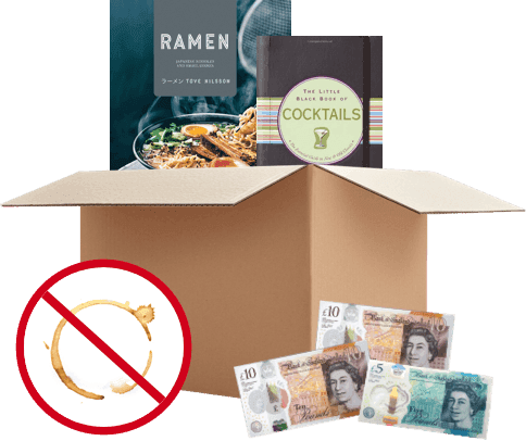 Ramen and cocktails books in a box, a no-stains symbol, and UK banknotes for cash payment