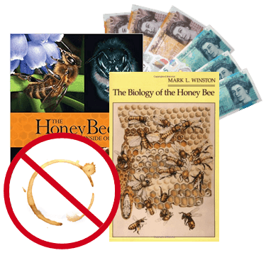 Beekeeping books, including The Biology of the Honey Bee, with UK banknotes; a coffee-stain icon is crossed out
