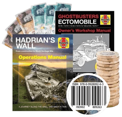 Haynes manuals for Ghostbusters Ectomobile and Hadrian's Wall, with UK cash and coins, plus an ISBN barcode