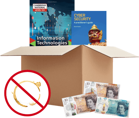 Box of IT and Cyber Security books with UK banknotes, and a no-coffee-stain symbol showing good condition matters
