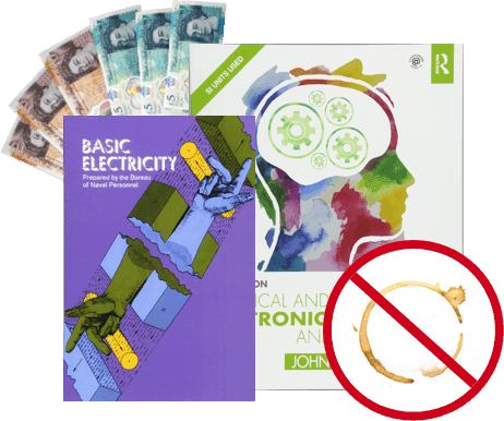 Banknotes, Basic Electricity and electronics engineering books, with a no-coffee-stains symbol showing good condition matters