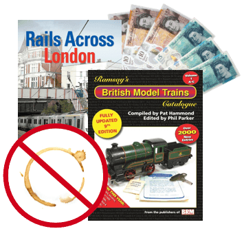 Rails Across London and British Model Trains Catalogue books with UK banknotes, no-coffee-stain symbol shown