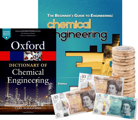 Chemical engineering books, Oxford Dictionary and Beginner's Guide, beside UK coins and banknotes