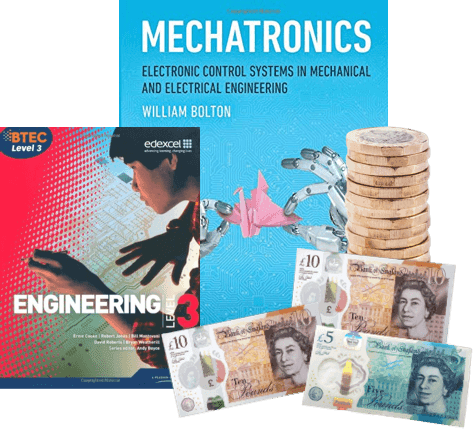 Mechatronics and BTEC Engineering textbooks beside stacked pound coins and £5, £10 notes