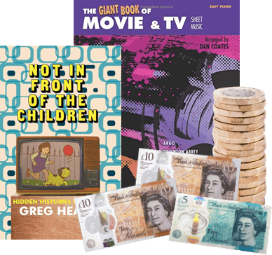 Film and TV books, The Giant Book of Movie and TV Sheet Music, Not in Front of the Children, with UK banknotes and coins