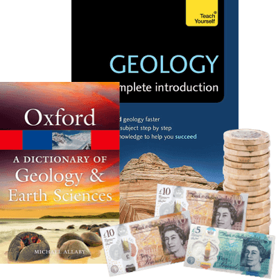 Geology books including Oxford Dictionary of Earth Sciences, with UK banknotes and coins for cash exchange