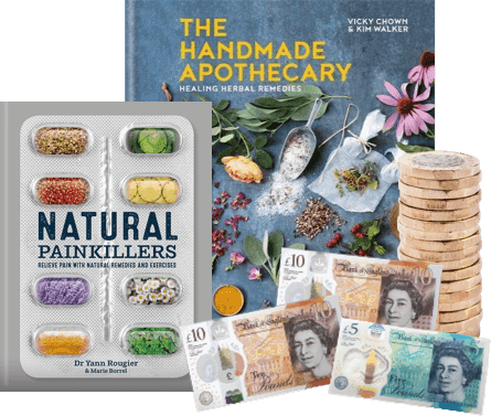The Handmade Apothecary and Natural Painkillers books beside UK banknotes and coins, for exchanging herbal remedy books for