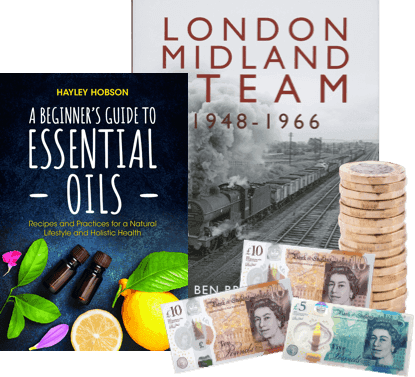 Books 'Essential Oils' and 'London Midland Steam Team' beside UK banknotes and coins, cash for books