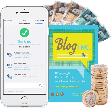 Phone confirming a trade paid, banknotes, coins and the book Blog Inc. by Joy Deangdeelert Cho