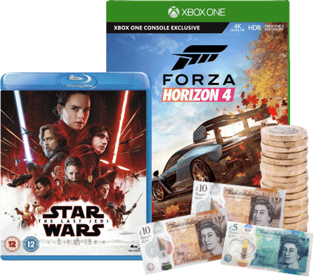 Star Wars Blu-ray, Forza Horizon 4 Xbox One game, UK banknotes and coins ready to exchange for cash