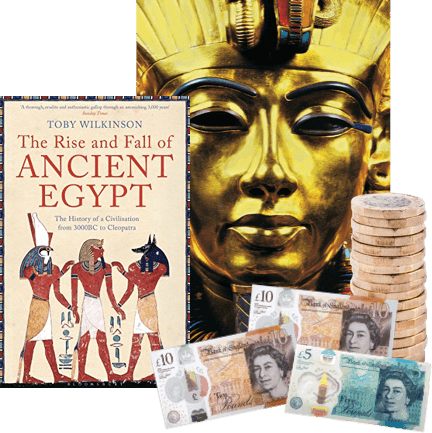 Toby Wilkinson's Ancient Egypt book, Tutankhamun's mask, UK pound coins and notes, sell for cash