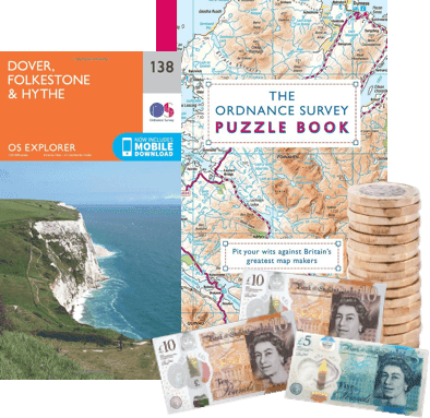 OS Explorer Dover map and Ordnance Survey Puzzle Book beside £10, £5 notes and £1 coins