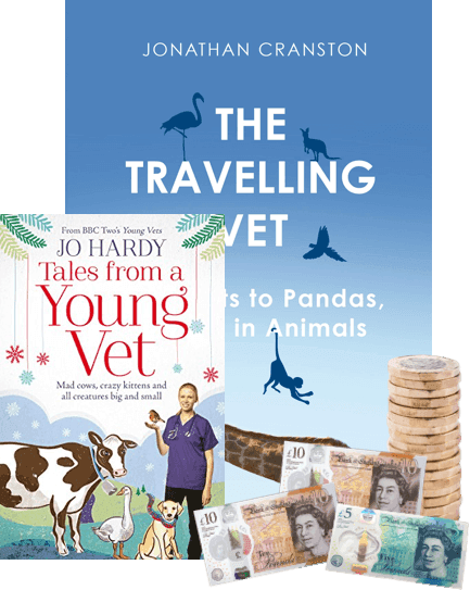 Book covers 'The Travelling Vet' and 'Tales from a Young Vet' beside UK banknotes and coins