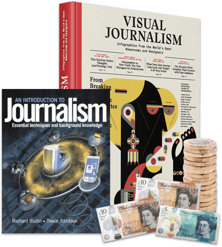 Journalism books including Visual Journalism and An Introduction to Journalism, with UK banknotes and coins