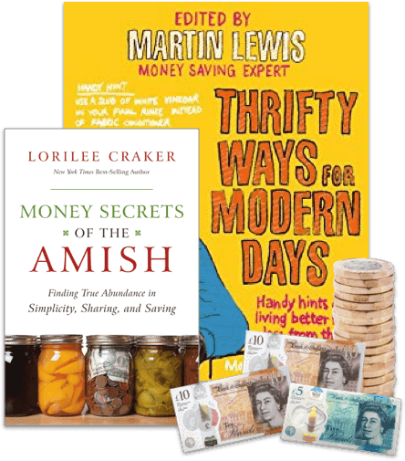 Covers of 'Thrifty Ways for Modern Days' and 'Money Secrets of the Amish', with UK banknotes and coins beside them